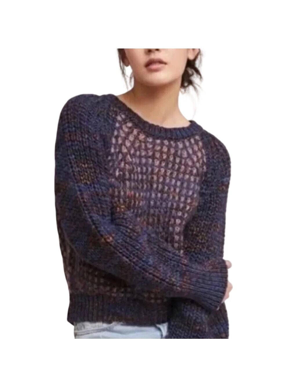 Moth Anthropologie Cropped Waffle Knit Sweater Wool Mohair Mauve Navy XXS